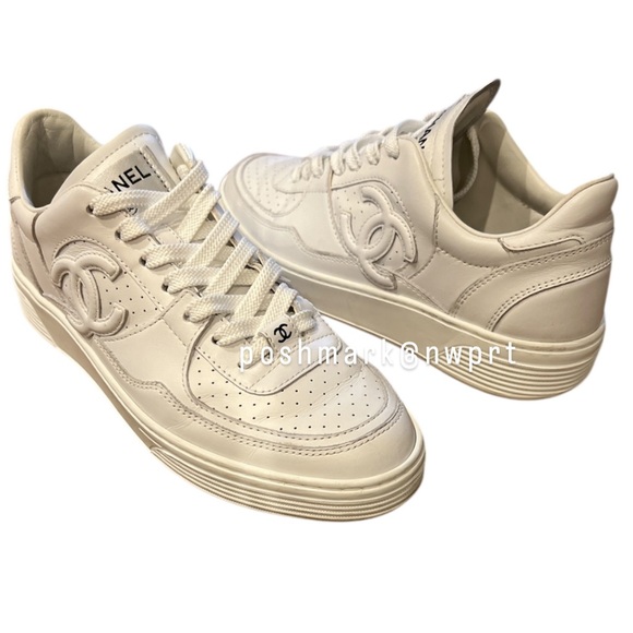 CHANEL 💯 23A White CC Logo Platform Leather Sneakers Runners 37.5 37 7 Box - Picture 5 of 11